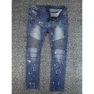 Black Premium Moto Skinny Jeans Mens 34 Blue Good Distressed Paint Splatter